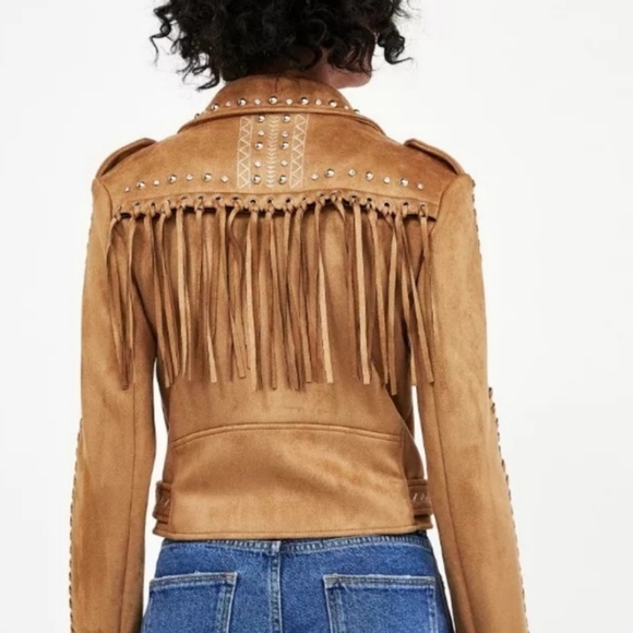 Zara Faux Suede Southwest Studded Moto Jacket L - Picture 2 of 8